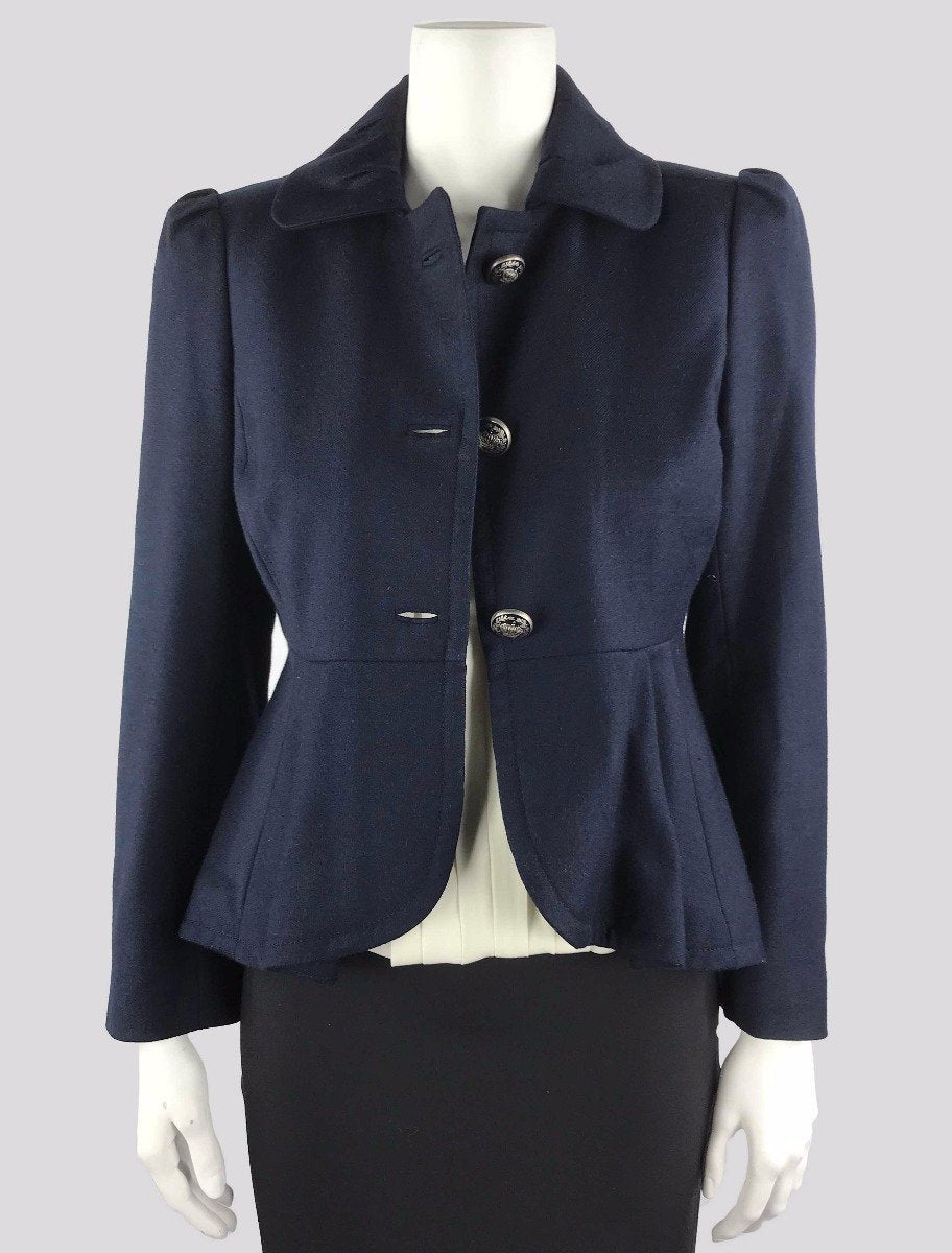 Juicy Couture Collared Long Sleeved Blazer In A Light Weight Navy Wool Size Small