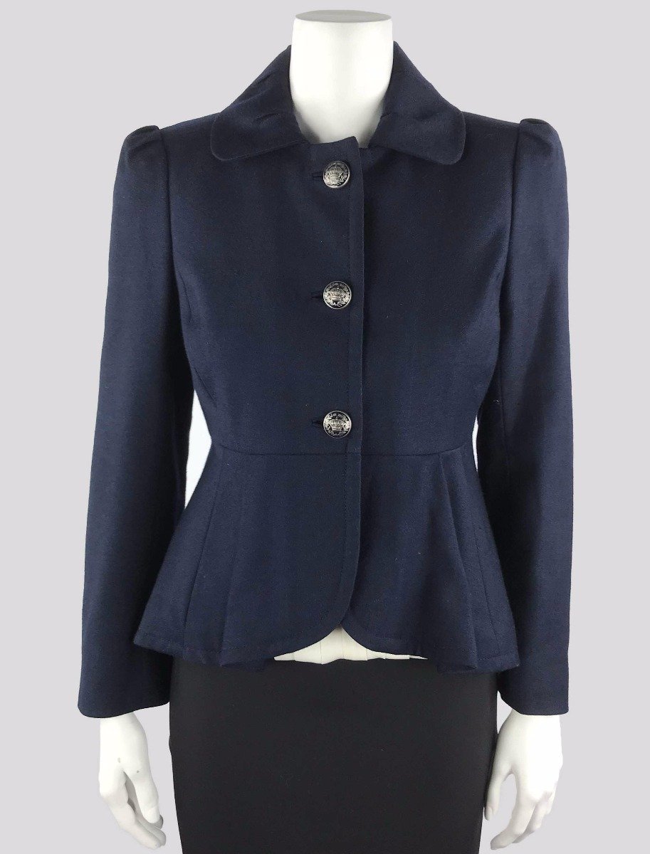 Juicy Couture Collared Long Sleeved Blazer In A Light Weight Navy Wool Size Small