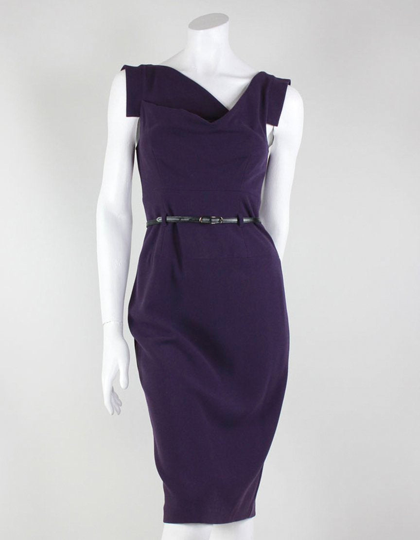 Black Halo Purple Wool Sleeveless Dress With Black Waist Belt