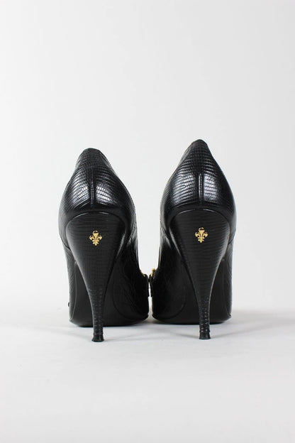 Patrick Cox Pointed Toe Croc Pumps With Gold Tone Bar At Toe