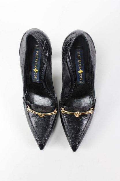 Patrick Cox Pointed Toe Croc Pumps With Gold Tone Bar At Toe