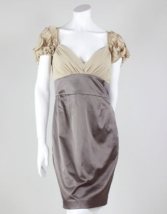 Black Halo Tan Pleated Bodice With Slate Satin Feel Skirt