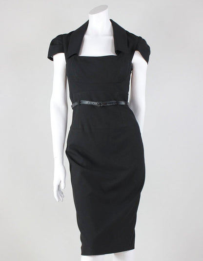 Black Halo Square Neck Capped Sleeve With Collar Belted At Waist Pencil Dress