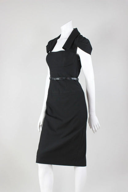 Black Halo Square Neck Capped Sleeve With Collar Belted At Waist Pencil Dress