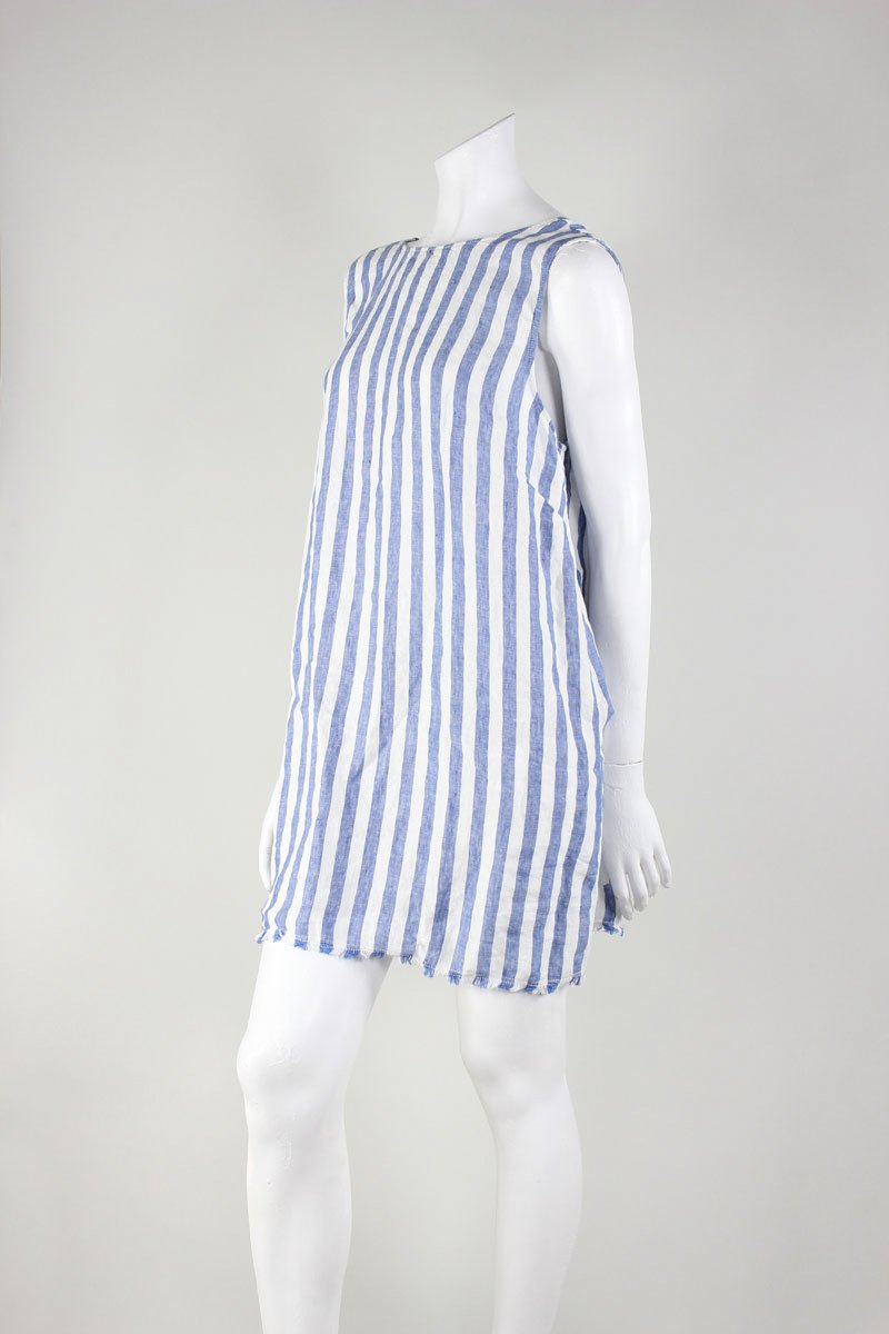 Reformation Blue And White Candy Swipe Linen Dress Round Neck Sleeveless And Backless