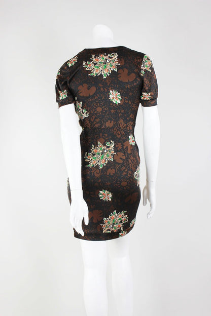 Nieves Lavi Brown And Black Floral Design Short Sleeve Mini Dress