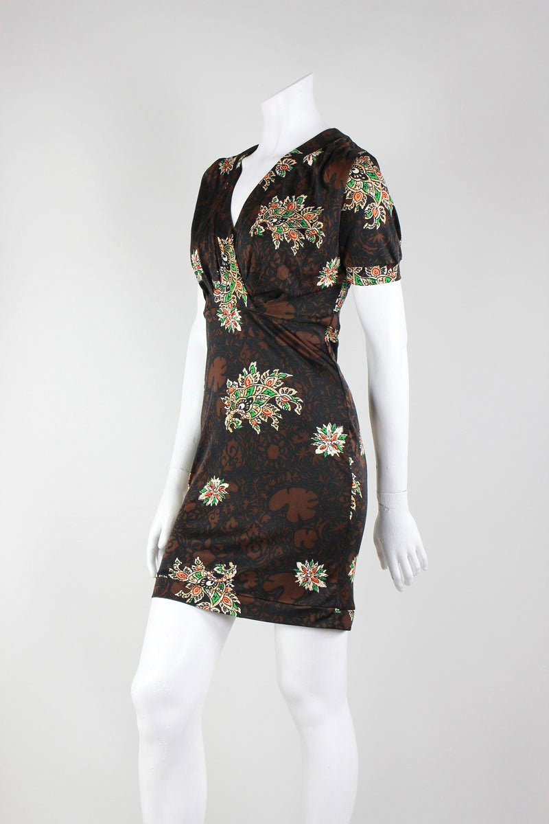 Nieves Lavi Brown And Black Floral Design Short Sleeve Mini Dress
