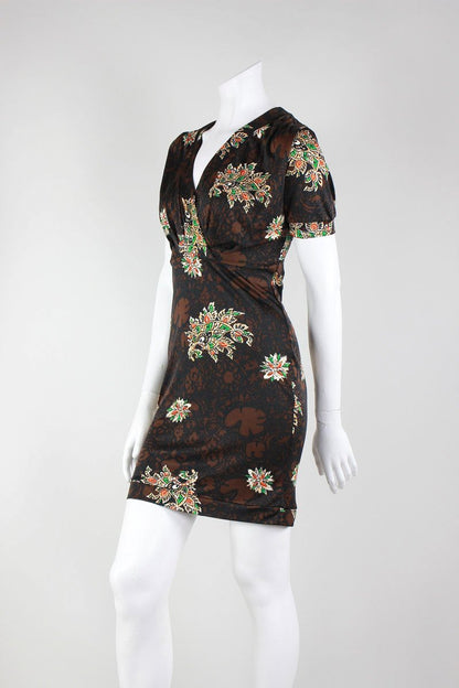 Nieves Lavi Brown And Black Floral Design Short Sleeve Mini Dress