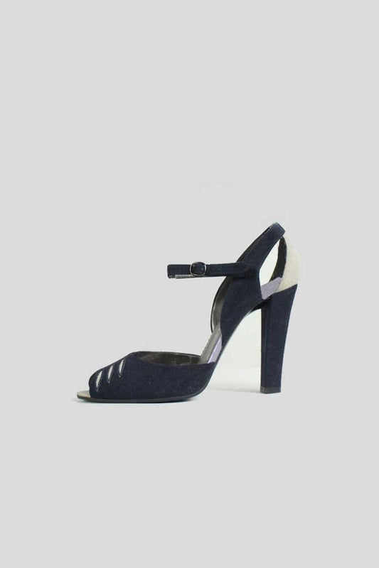 Stella McCartney Vegan Faux Suede Peep Toe Heeled Sandal With Ankle Strap In Navy And Grey Size 37.5