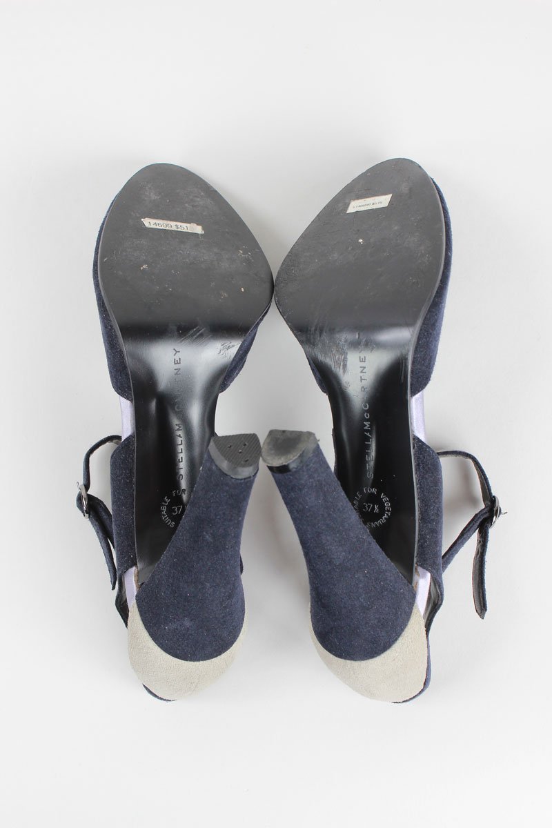Stella McCartney Vegan Faux Suede Peep Toe Heeled Sandal With Ankle Strap In Navy And Grey Size 37.5