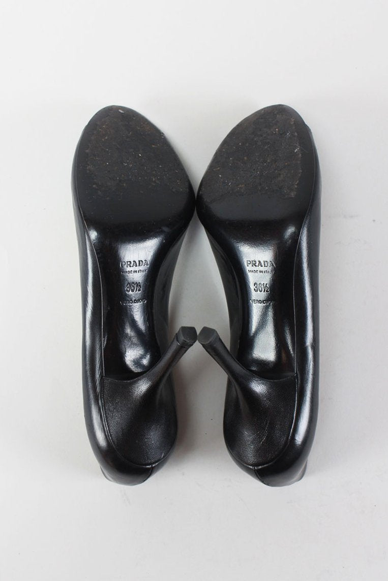 Prada Black Leather Peep Toe Pumps- 36.5 US