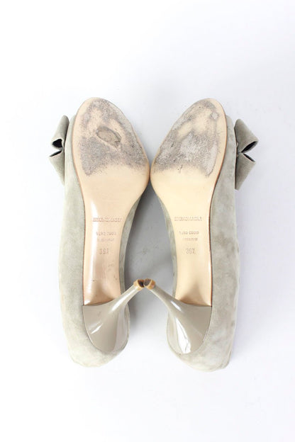 Bruno Magli Grey Suede Peep Toe Heeled Pump With Grey Patent Leather Covered Heels Size 39.5