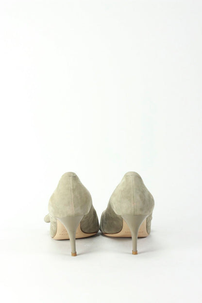 Bruno Magli Grey Suede Peep Toe Heeled Pump With Grey Patent Leather Covered Heels Size 39.5