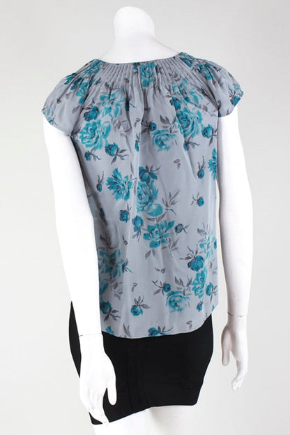 Rebecca Taylor Grey Floral Print Short Sleeved Pullover Blouse With Front Pockets Size 2