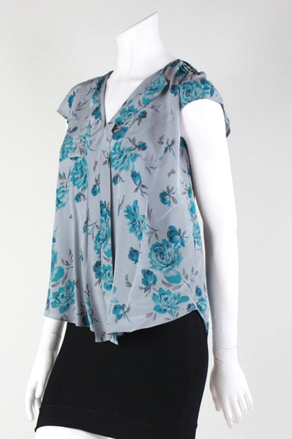 Rebecca Taylor Grey Floral Print Short Sleeved Pullover Blouse With Front Pockets Size 2