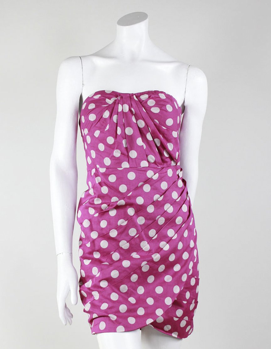 Leifsdottir Strapless Pink Polka Dot Mini Dress With Front And Side Pleating Size 4