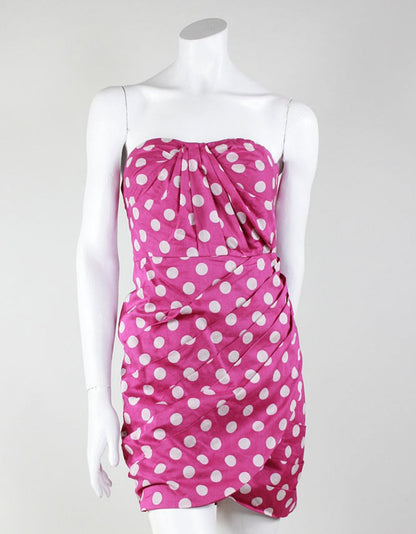 Leifsdottir Strapless Pink Polka Dot Mini Dress With Front And Side Pleating Size 4