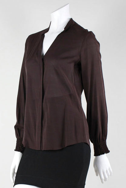 Theory Long Sleeve Button Front Collarless Blouse With Elasticated Sleeves Size Medium