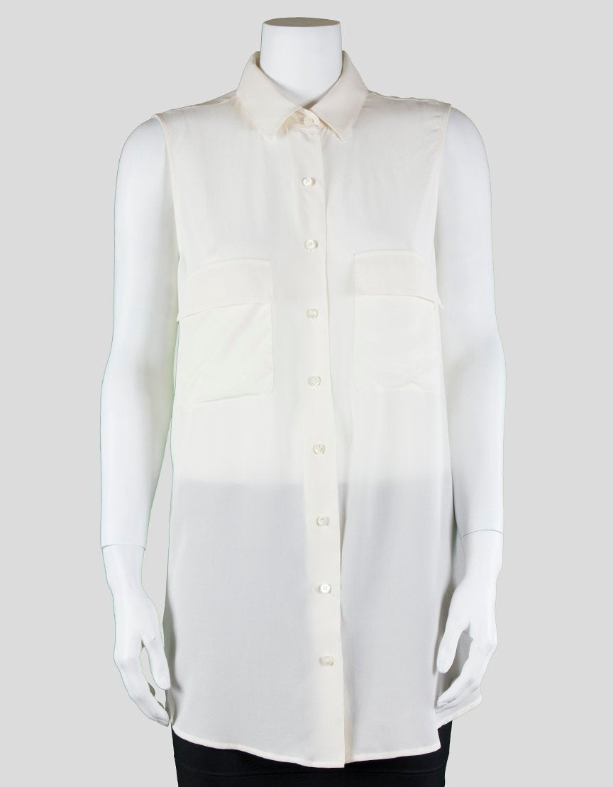 Equipment Sleeveless Button Down Collared Silk Blouse With Front Pockets Medium