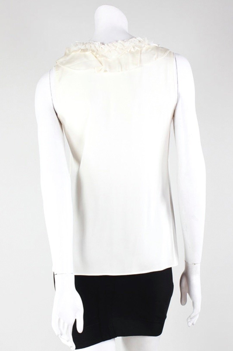 Elie Tahari Sleeveless V-Neck Blouse With Ruffle Accent Around Collar And Down Front's P