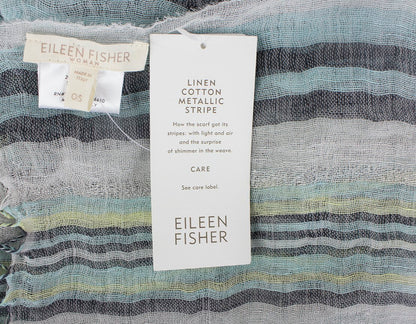 Eileen Fisher Cream Green Black And Yellow Striped Light Weight Scarf With Metalic Silver Thread