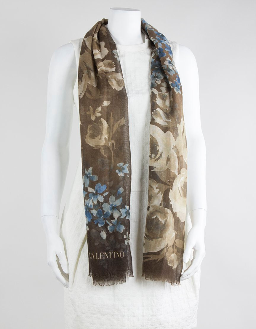 Valentino Brown Blue And Cream Floral Print Scarf