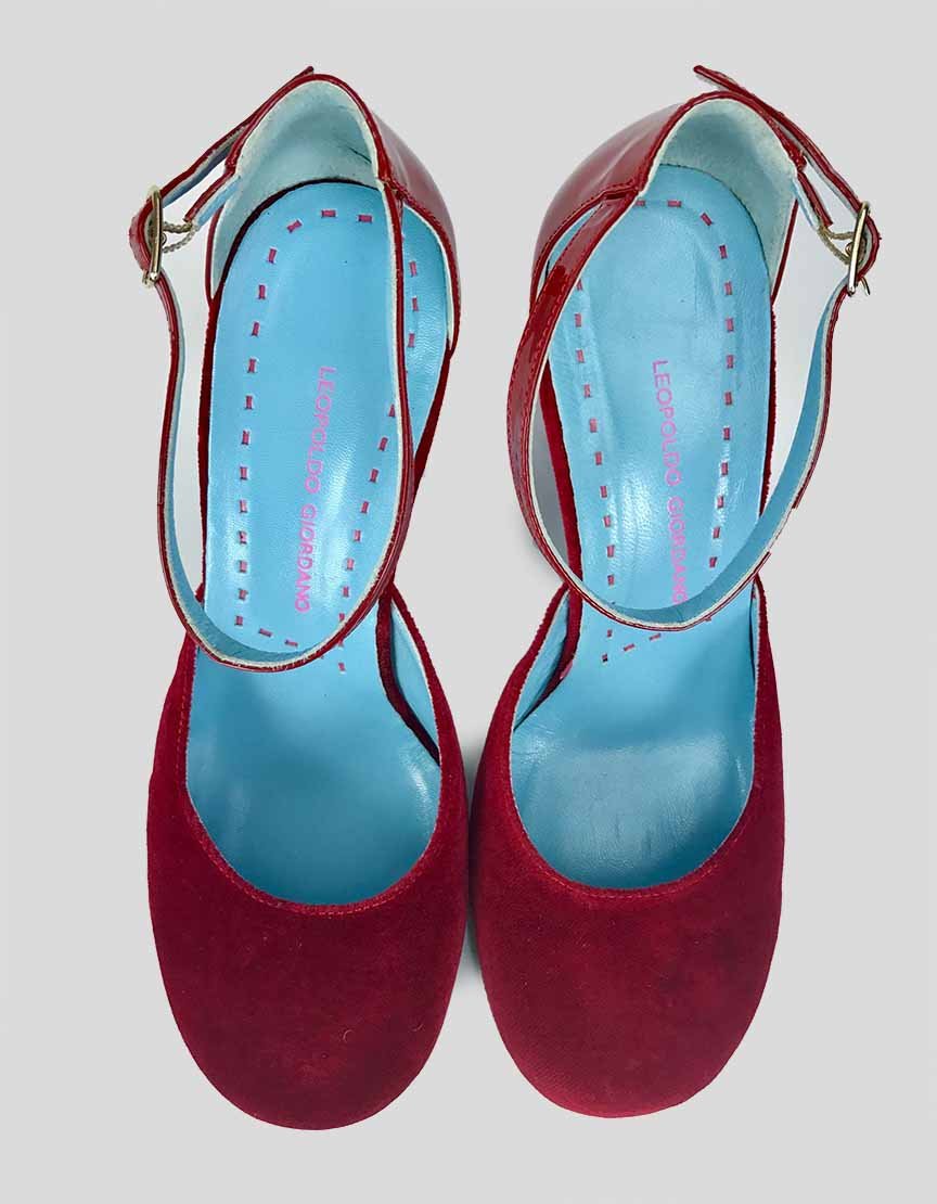 Leopoldo Giordano Round Toe Red Pumps With Velvet Uppers Size 38