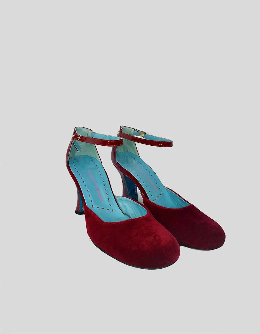 Leopoldo Giordano Round Toe Red Pumps With Velvet Uppers Size 38