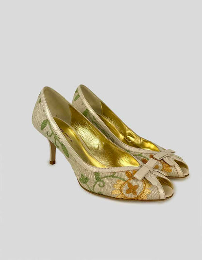 Terre Peck Fabric With Floral Embroidery Pumps 38 It