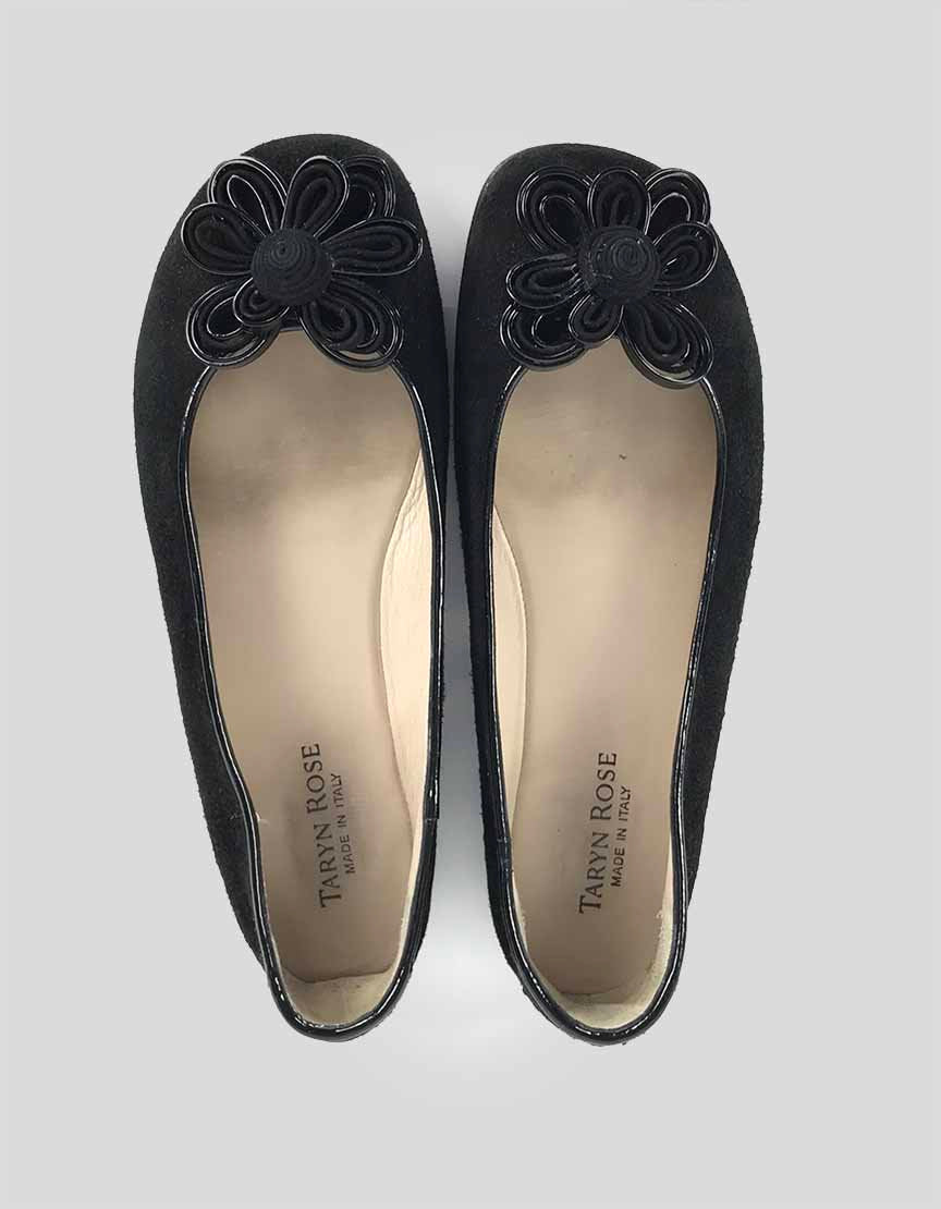 Taryn Rose Black Suede Ballerina Flats With Floral Applique At Toe Size 38 It