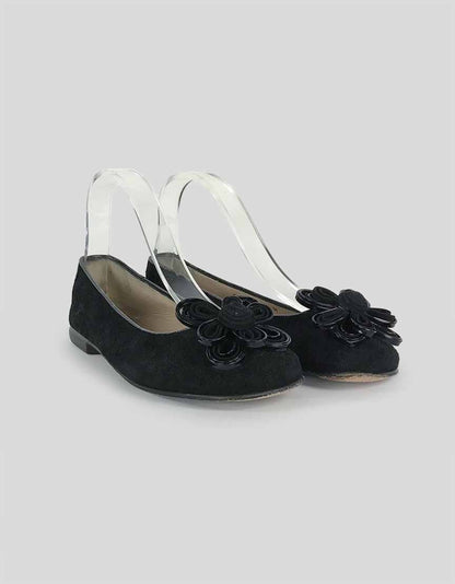 Taryn Rose Black Suede Ballerina Flats With Floral Applique At Toe Size 38 It