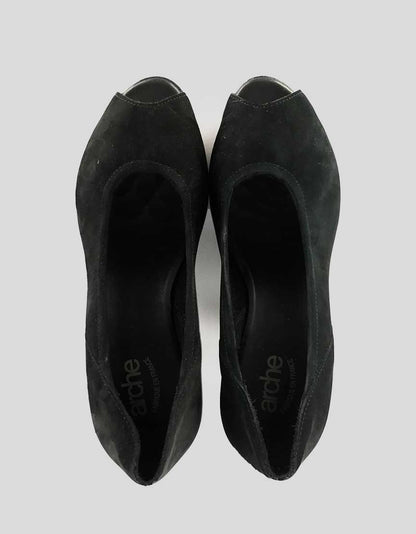 Arche Black Suede Peep Toe Pumps With Rubber Heels And Soles Size 8.5 M