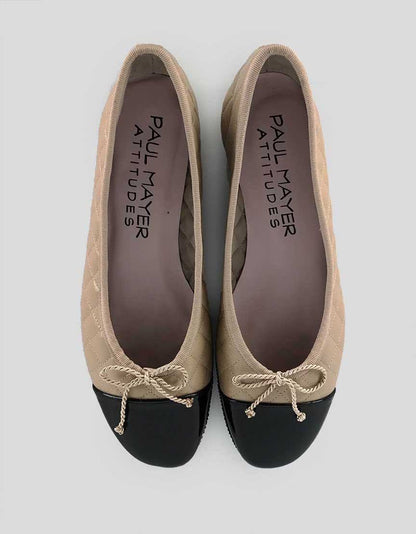 Paul Mayer Attitudes Quilted Cap Toe Ballet Flats In Tan And Black Patent Leather 7B