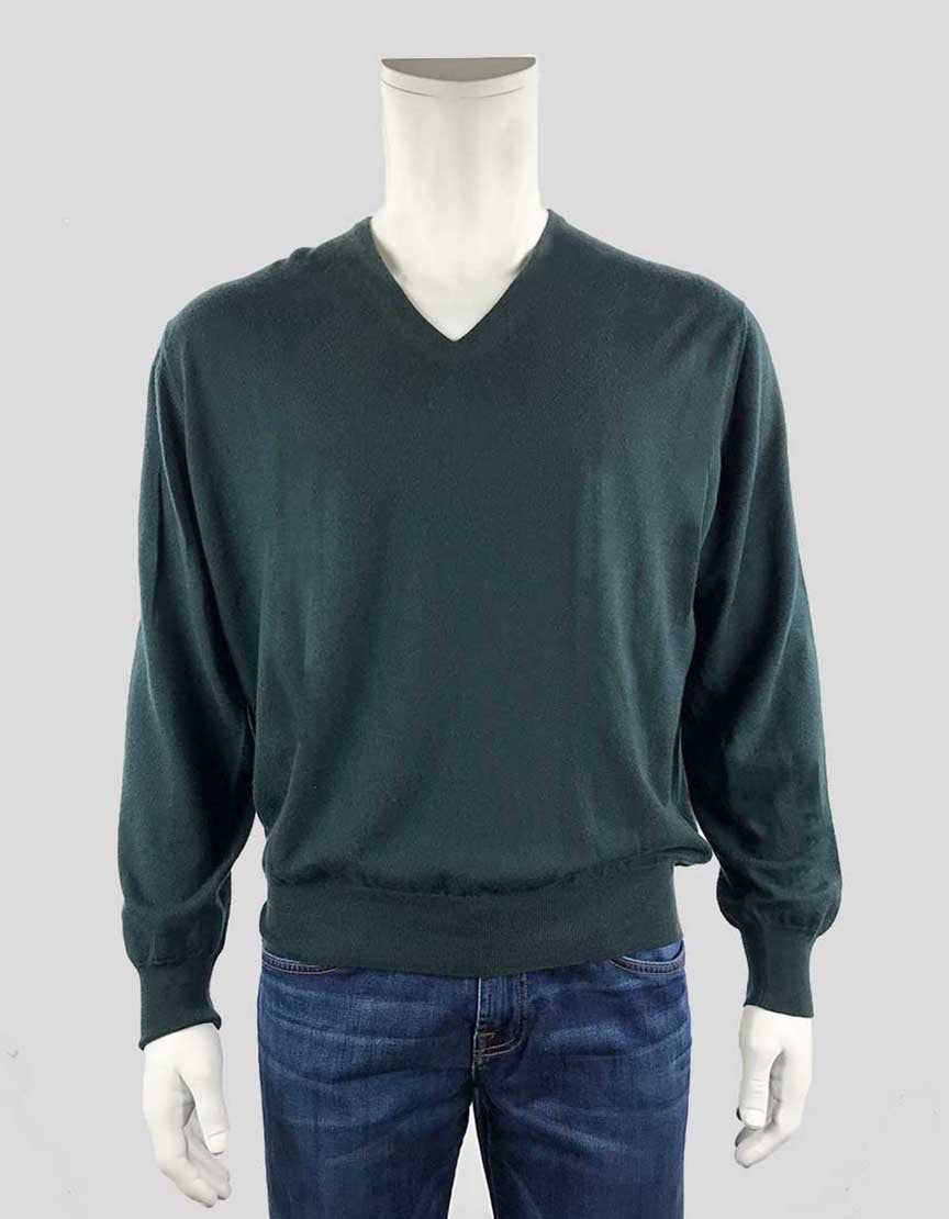 Loro Piana Classic Green V-Neck Cashmere Sweater 54 It