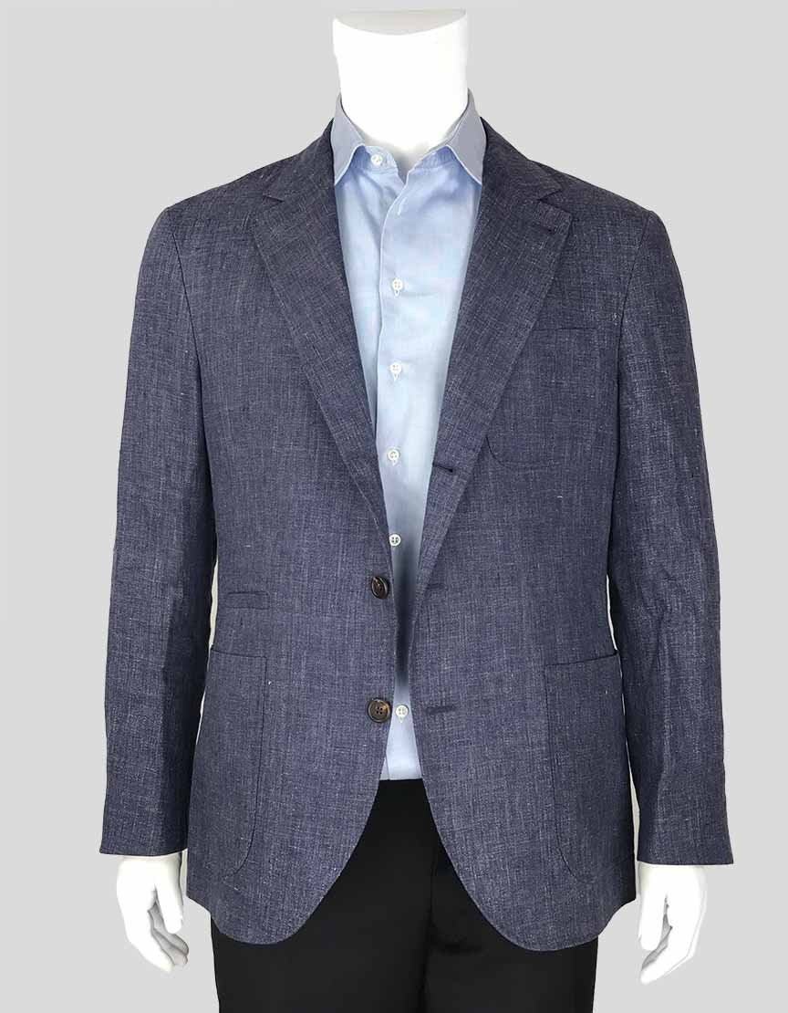 Brunello Cucinelli Blue Linen Three Button Front Blazer 52 It