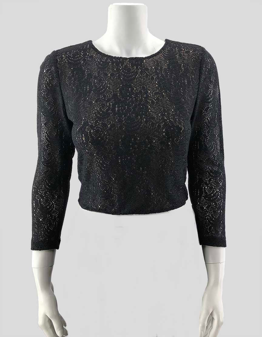 Alice & Olivia Black Patterned Crop Top With Cream Underlay - Medium