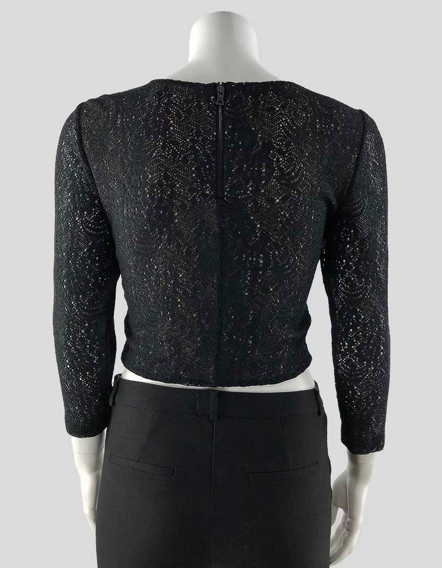 Alice & Olivia Black Patterned Crop Top With Cream Underlay - Medium