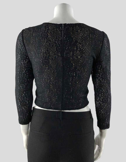 Alice & Olivia Black Patterned Crop Top With Cream Underlay - Medium