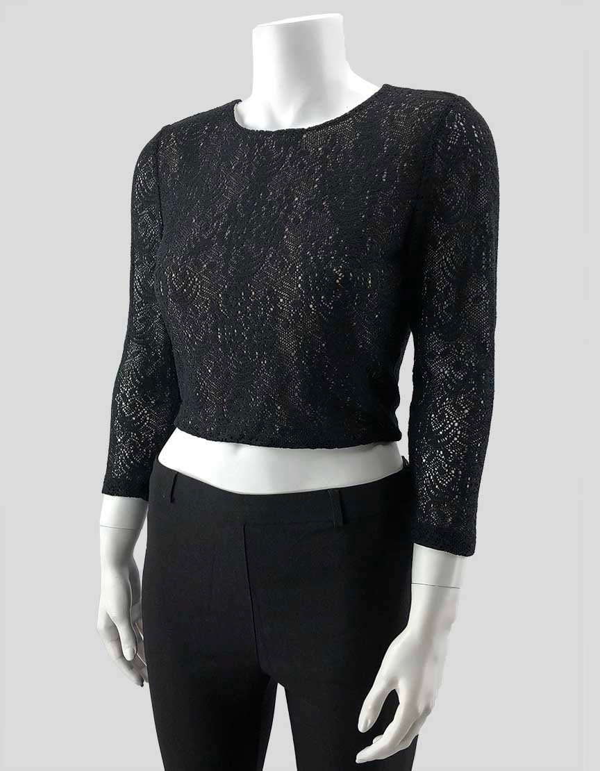 Alice & Olivia Black Patterned Crop Top With Cream Underlay - Medium