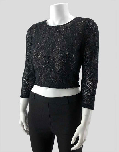 Alice & Olivia Black Patterned Crop Top With Cream Underlay - Medium