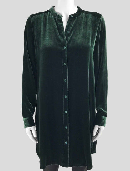 Eileen Fisher Long Sleeve Green Velvet Tunic Inspired Shirt Size Small Petite