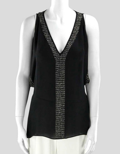 Parker Women's Open Shoulder Black Silk Evening Blouse Deep V-Neck And Metal Accents Size X-Small