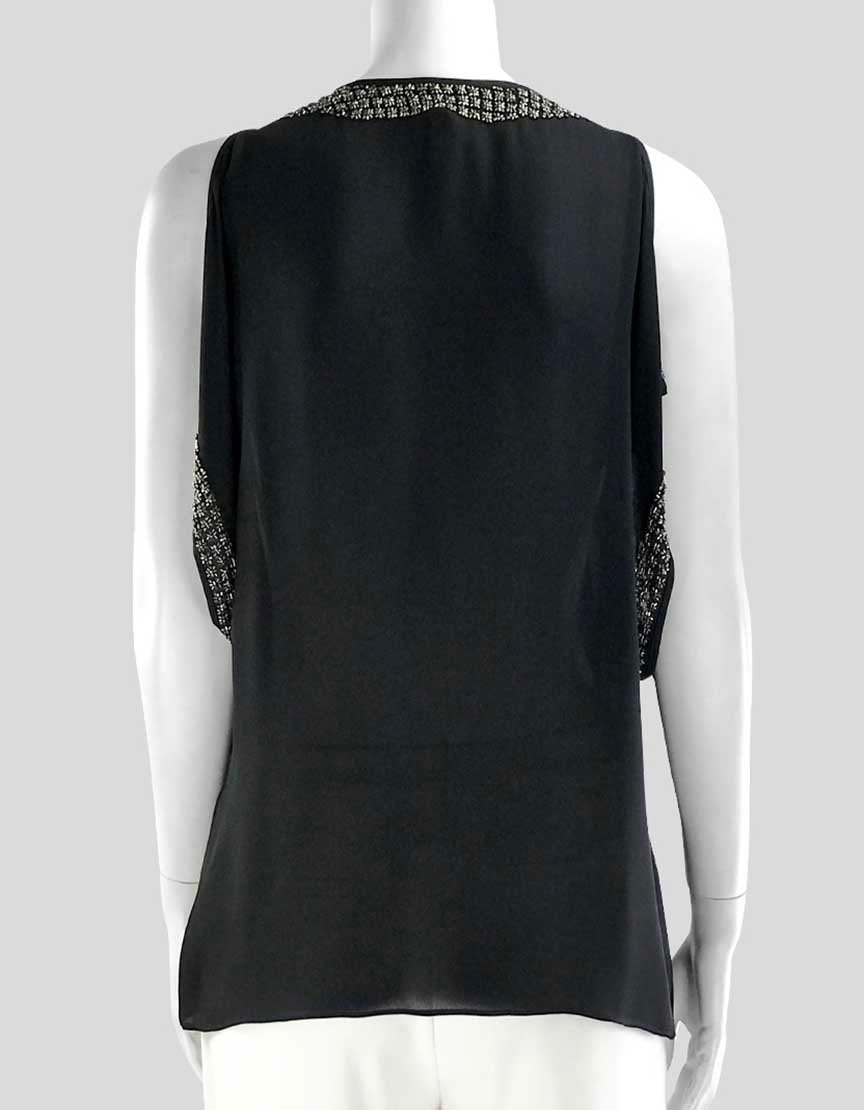 Parker Women's Open Shoulder Black Silk Evening Blouse Deep V-Neck And Metal Accents Size X-Small