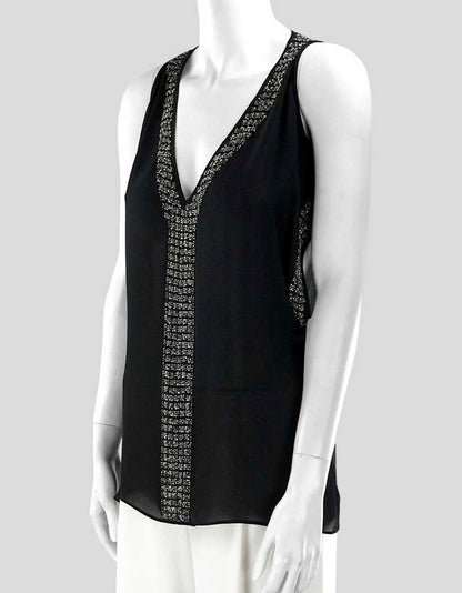 Parker Women's Open Shoulder Black Silk Evening Blouse Deep V-Neck And Metal Accents Size X-Small