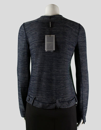 Emporio Armani Navy Blue Knit Long Sleeved Cardigan With Cross Over Snap Front And Back Belt At Waist Size 44