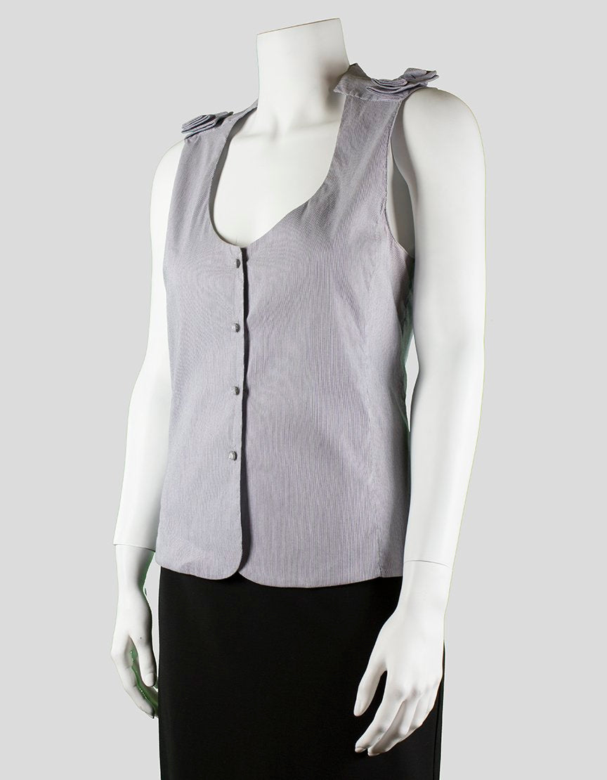 Emporio Armani Blue And White Thin Striped Scoop Neck Button Down Sleeveless Top With Bow Detail At Shoulders Size 10