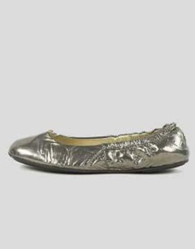 A pair of Jimmy Choo crushed metallic elasticated ankle flats with tonal stitching, displayed against a white background.