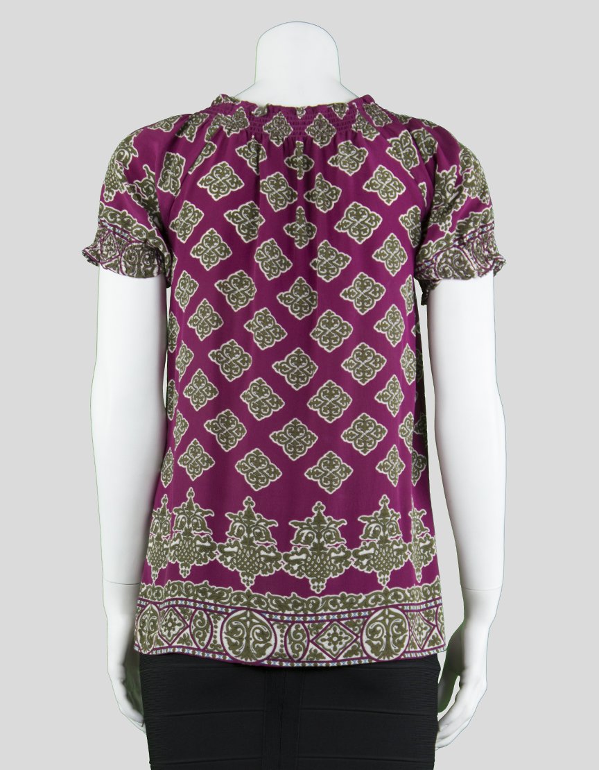 Joie Short Sleeve Blouse With Burgundy Brown And White Pattern X-Small