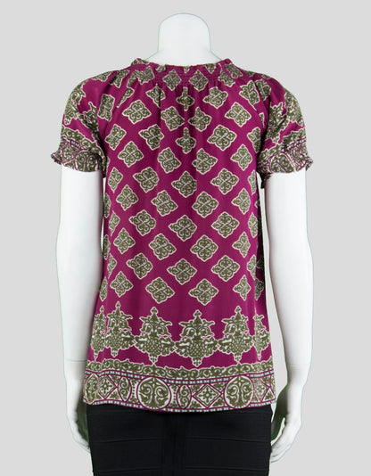 Joie Short Sleeve Blouse With Burgundy Brown And White Pattern X-Small