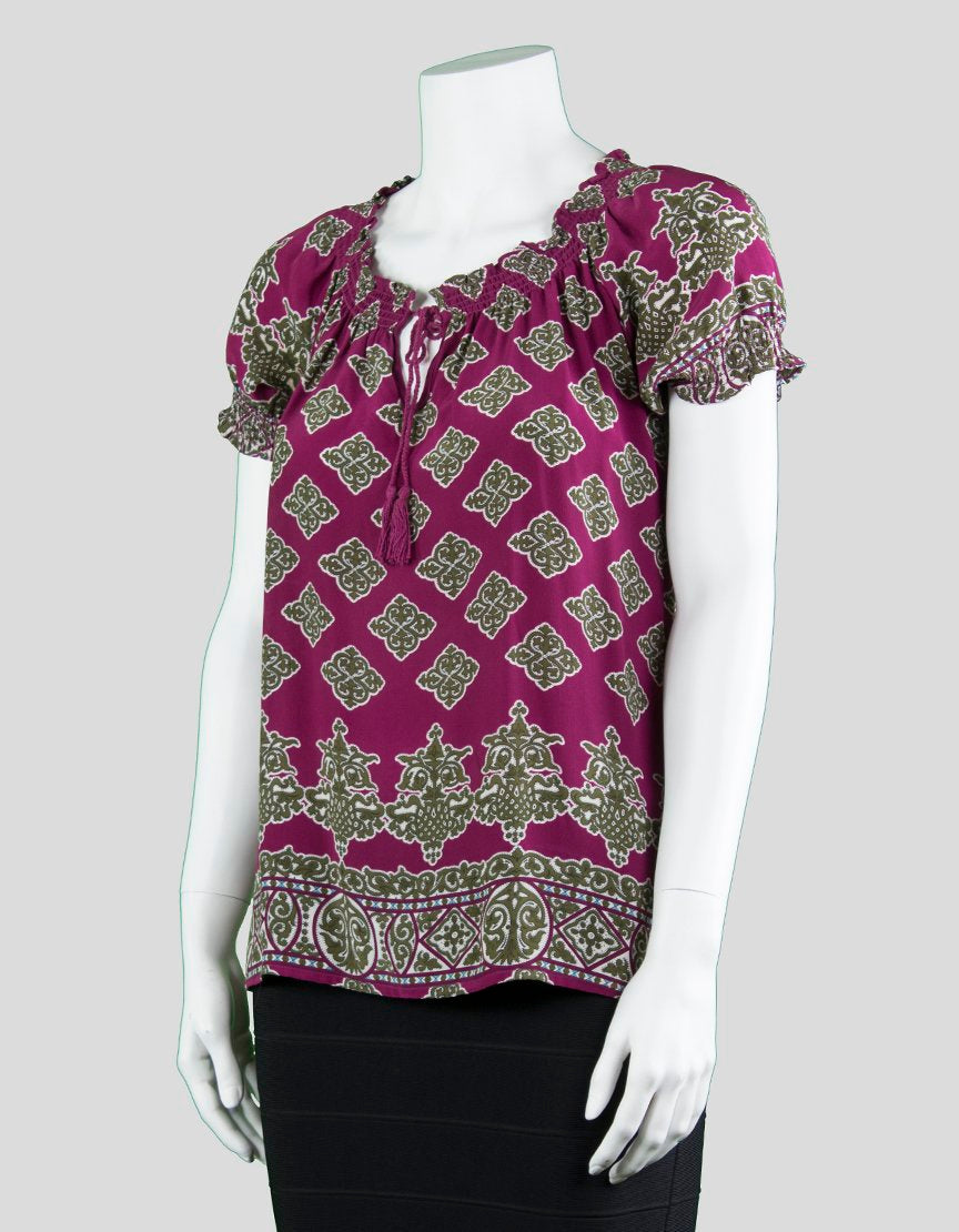 Joie Short Sleeve Blouse With Burgundy Brown And White Pattern X-Small